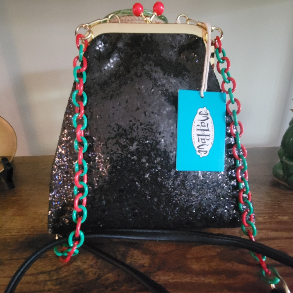 Black Sequin Bag with Red and Green Chain With Cherries On Top by Mad Love